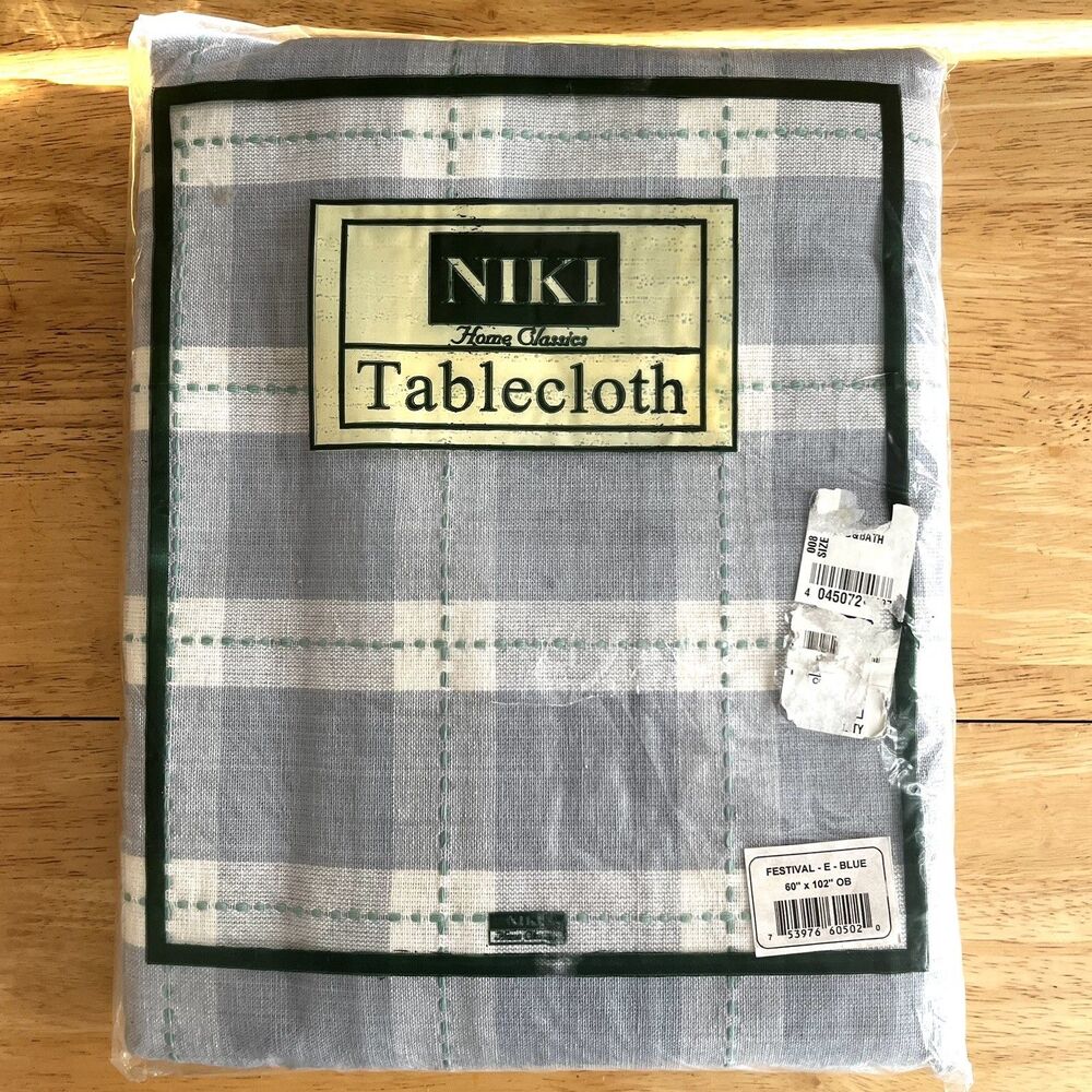Niki Home Classics Oblong Tablecloth 60x84 "Festival" Blue Gray Plaid Cotton
